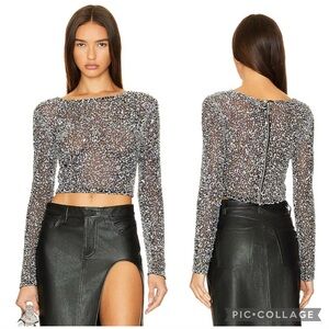 Retrofete Torrey Top in Black and White Sequin and Bead Embellishments Mesh